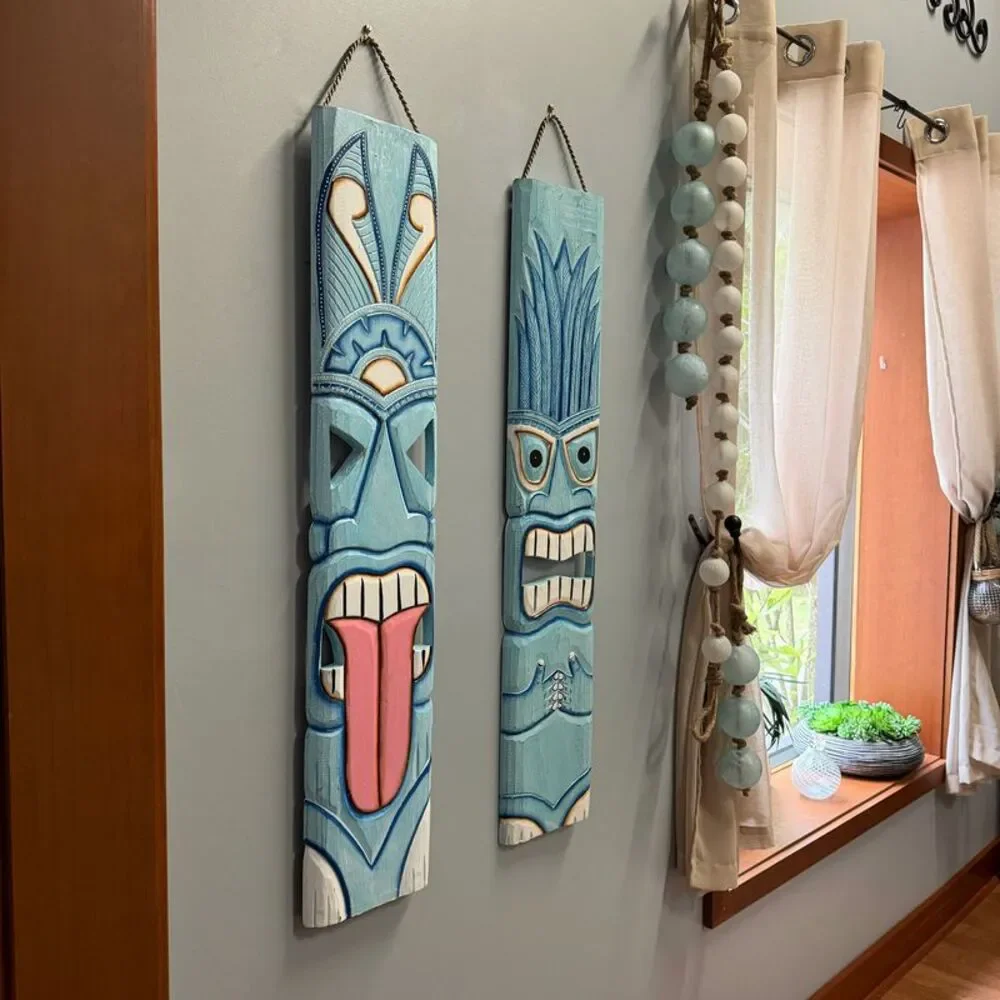 Set of 2 Aqua Tiki Wall Plaques Hand Carved Wood 39 Inch Tall Coastal Decor